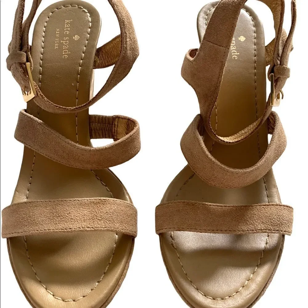 KATE SPADE New York Farryn Beige Gold Suede Geometric Wedge Espadrilles